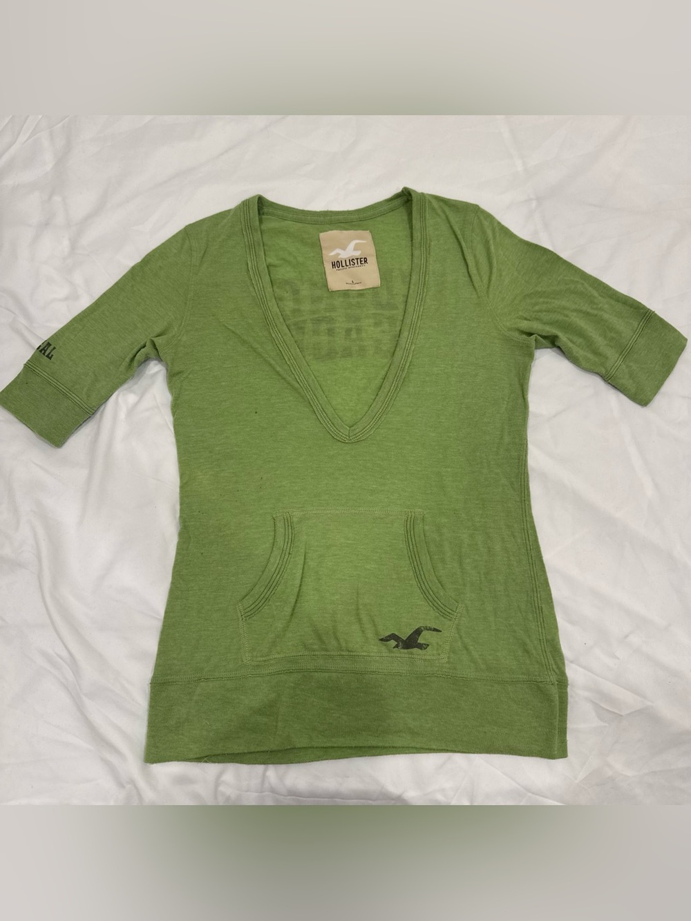 VTG Hollister Redondo Beach So-Cal Green V-Neck Tee Y2K Surf Aesthetic Large